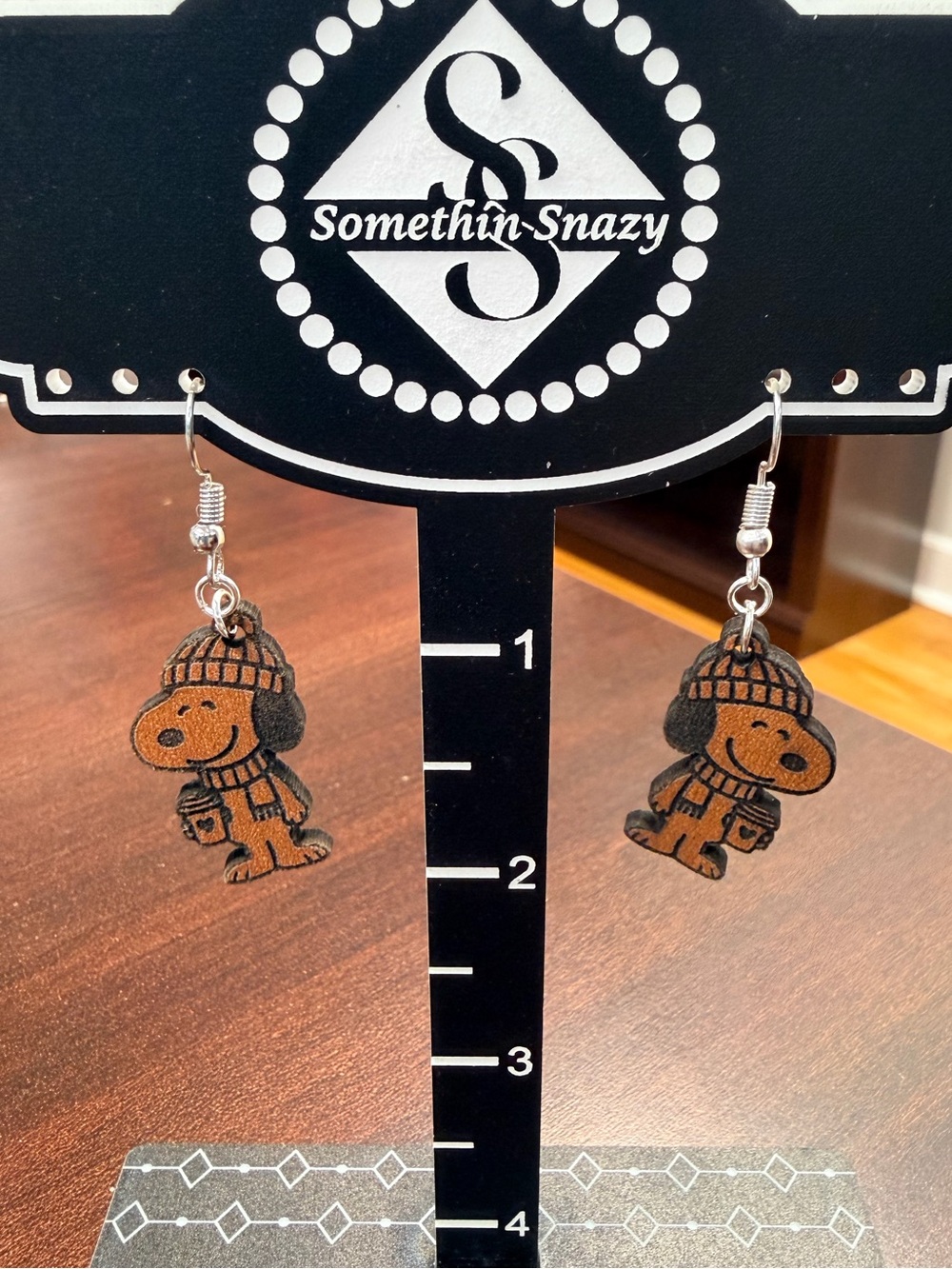 Snoopy hand crafted by me wood engraved earrings hypoallergenic made to order